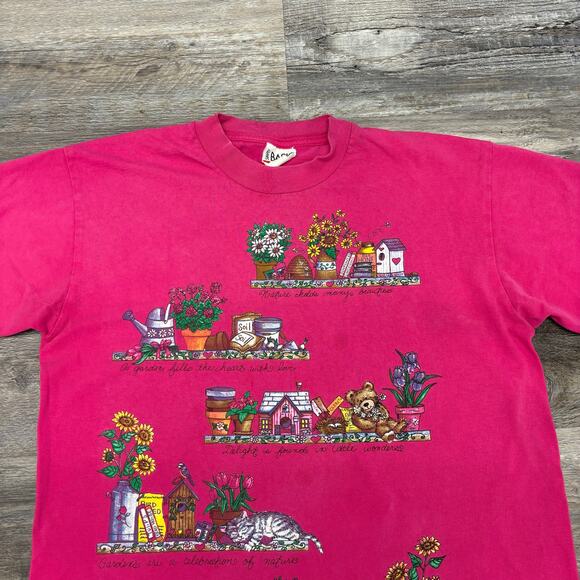 Vintage 90s Simply Basic Flower Garden Pink Womens L Cottagecore Grandma T-Shirt - Picture 1 of 13